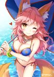  animal_ears bangs bare_shoulders bikini blue_bikini blush breast_hold breasts brown_eyes closed_mouth collarbone eyebrows eyebrows_visible_through_hair fate/extra fate_(series) fox_ears fox_girl fox_tail holding holding_umbrella jewelry large_breasts long_hair looking_at_viewer navel necklace nyanya one_eye_closed pink_hair smile solo swimsuit tail tamamo_(fate)_(all) tamamo_no_mae_(fate) tamamo_no_mae_(swimsuit_lancer)_(fate) umbrella watermark 
