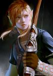  arm_at_side bishounen blonde_hair blue_eyes bow_(weapon) collarbone eyebrows fingerless_gloves gloves hand_up holding holding_bow_(weapon) holding_weapon link lips long_hair looking_afar male_focus parted_lips pointy_ears realistic shirt short_sleeves signature solo the_legend_of_zelda the_legend_of_zelda:_breath_of_the_wild upper_body watermark weapon web_address zumi_(zumidraws) 