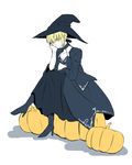  1girl blonde_hair boots breasts choker cleavage dress fate/stay_night fate_(series) halloween hat pumpkin saber saber_alter short_hair witch_hat yellow_eyes 