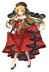  :d alternate_costume bare_legs black_gloves blonde_hair blush breasts cleavage crescent dress elbow_gloves full_body gloves hayama_eishi high_heels junko_(touhou) lace_trim large_breasts long_hair looking_at_viewer open_mouth pumps red_dress red_eyes simple_background smile solo strapless strapless_dress touhou white_background 