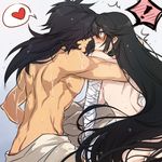  1boy 1girl ass bandaged_arm bandages black_hair blush breasts couple dark_skin heart hetero long_hair medium_breasts naked_towel nude rokurou_rangetsu smile spoken_exclamation_mark spoken_heart tales_of_(series) tales_of_berseria towel tusia velvet_crowe wet yellow_eyes 