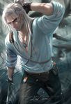  1boy animal bird chest_hair crow geralt_of_rivia gloves manly ponytail sakimichan scar solo stubble sword the_witcher the_witcher_3 water watermark weapon white_hair yellow_eyes 
