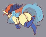  anthro anus blush butt eyelashes female fur grey_background hair horn keldeo liveforthefunk nintendo nude open_mouth pok&eacute;mon pussy simple_background solo thick_thighs video_games 