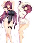  armlet ass_visible_through_thighs bare_shoulders bed_sheet blush breasts closed_mouth commentary_request competition_swimsuit dakimakura embarrassed fate/grand_order fate_(series) from_above full_body groin harukon_(halcon) kunai large_breasts legs long_hair looking_at_viewer lying multiple_views naked_sweater on_back on_side one-piece_swimsuit purple_hair red_eyes ribbed_sweater sample scathach_(fate)_(all) scathach_(fate/grand_order) shiny shiny_skin simple_background skindentation sweater swimsuit thigh_gap thigh_strap thighs turtleneck turtleneck_sweater very_long_hair weapon white_background white_sweater 