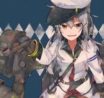  anchor black_gloves brown_eyes gangut_(kantai_collection) gloves grey_hair hat itomugi-kun kantai_collection long_hair looking_at_viewer machinery peaked_cap pipe shirt smile solo upper_body white_shirt 