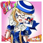  ;) ascot beret blonde_hair blue-framed_eyewear blue_eyes blue_neckwear breasts cleavage commentary enta_girl falcoon fatal_fury futaba_hotaru glasses gloves happy_birthday hat highres logo long_hair mark_of_the_wolves mascot official_art one_eye_closed polaroid promotional_art semi-rimless_eyewear small_breasts smile snk solo white_gloves wrist_cuffs 