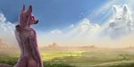  anthro avian bird black_nose boomerang cloud day detailed fur godrays grass kangaroo latex_(artist) male mammal marsupial mountain nude outside pink_fur sky solo_focus sunlight tree 