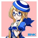  ascot beret blonde_hair blue-framed_eyewear blue_eyes blue_neckwear commentary_request enta_girl falcoon finger_to_mouth glasses gloves hat highres jacket logo long_hair mascot official_art open_mouth pink_background puffy_short_sleeves puffy_sleeves semi-rimless_eyewear short_hair_with_long_locks short_sleeves simple_background snk solo upper_body white_gloves 
