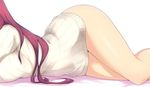  bare_legs breasts fate/grand_order fate_(series) harukon_(halcon) head_out_of_frame hips large_breasts long_hair lying naked_sweater on_stomach purple_hair ribbed_sweater scathach_(fate)_(all) scathach_(fate/grand_order) shiny shiny_skin simple_background solo sweater thighhighs thighs turtleneck turtleneck_sweater white_background wide_hips 