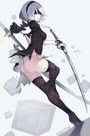  artist_name ass black_dress black_gloves black_legwear blindfold boots breasts commentary dress gloves hairband highres holding holding_sword holding_weapon leotard medium_breasts nier_(series) nier_automata pantie_painting parted_lips silver_hair solo standing standing_on_one_leg sword thighhighs torn_clothes torn_dress weapon white_leotard yorha_no._2_type_b 