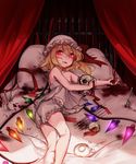  absurdres bed_sheet blonde_hair blood bloomers broken cup curtains fang flandre_scarlet fork hair_between_eyes hat hat_ribbon highres knife looking_at_viewer lying mob_cap on_bed on_side pillow red_eyes red_ribbon ribbon saucer shan skull solo spill tea teacup touhou underwear wings 