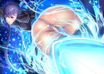  armor armored_boots ass ass_visible_through_thighs blue_eyes blue_ribbon boots breasts crotch_plate eyelashes fate/extra fate/extra_ccc fate/grand_order fate_(series) floating_hair from_below groin hair_ribbon leg_lift light_particles light_smile long_hair long_sleeves looking_at_viewer looking_back looking_down meltlilith parted_lips partially_visible_vulva purple_hair revealing_clothes ribbon shiny shiny_hair signature small_breasts smile solo spikes thighs very_long_hair zukky 