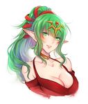  blush breasts chiki cleavage fire_emblem fire_emblem:_kakusei fire_emblem:_monshou_no_nazo fire_emblem_heroes green_eyes green_hair hair_ornament hair_ribbon long_hair looking_at_viewer mamkute medium_breasts older pointy_ears ponytail ribbon smile solo tusia 