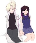  black_sweater blonde_hair bow bowtie brown_hair closed_eyes closed_mouth commentary cropped_legs d.va_(overwatch) earphones facial_mark hands_clasped hands_together headphones headphones_around_neck labcoat long_hair long_sleeves mercy_(overwatch) multiple_girls mwo_imma_hwag overwatch own_hands_together pants pleated_skirt ponytail purple_bow purple_neckwear ribbed_sweater school_uniform shared_earphones shirt simple_background sitting skirt smile striped striped_bow striped_neckwear sweater turtleneck whisker_markings white_background yuri 