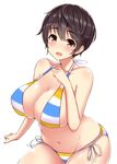  bare_shoulders bikini blush breasts brown_eyes brown_hair collarbone cowboy_shot frilled_bikini frills idolmaster idolmaster_cinderella_girls large_breasts looking_at_viewer midriff mitsukazu_(nijigen_complex) navel oikawa_shizuku open_mouth shiny shiny_hair shiny_skin short_hair side-tie_bikini simple_background skindentation smile solo stomach swimsuit white_background 