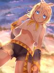  blonde_hair blue_eyes chan100577 cloud cloudy_sky hair_ornament hair_ribbon hairclip kagamine_rin light_particles looking_at_viewer midriff navel outdoors ribbon sailor_collar shade short_hair shorts sky solo standing strap sunset thighs vocaloid 