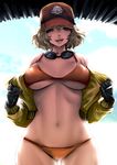  :d bikini black_gloves blonde_hair blue_eyes breasts cameltoe cidney_aurum cleavage dirty_face final_fantasy final_fantasy_xv gloves goggles goggles_around_neck hat large_breasts looking_at_viewer navel open_mouth orange_bikini short_hair smile solo souryu swimsuit teeth tongue underboob 