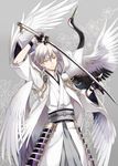  armor bird black_gloves crane_(animal) gloves hood japanese_armor japanese_clothes katana kuroemon male_focus partly_fingerless_gloves pom_pom_(clothes) smile sword touken_ranbu tsurumaru_kuninaga weapon white_hair wings yellow_eyes 