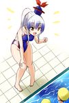  :d barefoot blue_hair blush breasts collarbone commentary_request competition_swimsuit full_body hat hips kamishirasawa_keine knees_together_feet_apart kousei_(public_planet) medium_breasts multicolored_hair one-piece_swimsuit open_mouth orange_eyes ponytail pool sidelocks smile solo_focus streaked_hair swim_cap swimsuit thighs touhou 