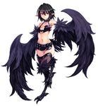  armpits ass_visible_through_thighs belt black_hair black_harpy black_wings blush breasts choker collar collarbone digitigrade earrings feathered_wings feathers full_body fur groin harpy highres jewelry kenkou_cross looking_at_viewer miniskirt monster_girl monster_girl_encyclopedia navel official_art pencil_skirt pointy_ears red_eyes revision short_hair side_slit simple_background skirt small_breasts solo standing standing_on_one_leg thighhighs white_background winged_arms wings 