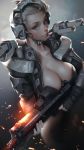  1girl absurdres blue_eyes bo_xun_lin breasts cleavage commentary english_commentary gun hair_pulled_back headset highres large_breasts lips looking_at_viewer military_operator nose original power_armor science_fiction shotgun shoulder_cannon solo uts-15 weapon white_hair 