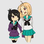  a_channel artist_apprentice black_hair blonde_hair commentary holding_hands ichii_tooru long_hair momoki_run multiple_girls open_mouth red_eyes school_uniform serafuku short_hair skirt sleeves_past_wrists thighhighs 