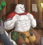  2017 abs anthro biceps blue_eyes canine clothed clothing comic digital_media_(artwork) feline fur grimoire_of_zero kemono male mammal mercenary_(character) muscular muscular_male naruever nipples open_shirt pecs simple_background solo stripes tiger white_fur 