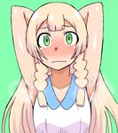  1girl armpits arms_up blonde_hair blush braid green_eyes kitsune-tsuki_(getter) lillie_(pokemon) long_hair looking_at_viewer pokemon pokemon_(game) pokemon_sm simple_background smell solo sweat twin_braids 