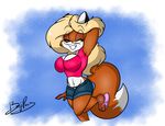  2017 benjipaws big_breasts blonde_hair breasts canine celine_foxx clothed clothing eyes_closed female footwear fox hair long_hair mammal pose shorts signature simple_background smile solo 