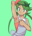  1girl apron armpits arms_up blush dark_skin flower flower_on_head green_eyes green_hair hair_ornament kitsune-tsuki_(getter) mao_(pokemon) petals pokemon pokemon_(game) pokemon_sm shirt sleeveless sleeveless_shirt smell smile solo steam sweat trial_captain twintails 