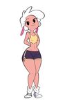 2017 anthro breasts caprine clothing crop_top digital_media_(artwork) eyelashes female gym_shorts hair hands_behind_back herny leggy_lamb looking_at_viewer mammal navel pose sheep sheep_wrecked shirt simple_background smile solo white_background white_hair wide_hips wool 