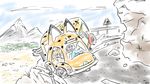  absurdres animal_ears cliff commentary drifting drone0 ground_vehicle guard_rail highres japari_bus kaban_(kemono_friends) kemono_friends lucky_beast_(kemono_friends) motor_vehicle multiple_girls road serval_(kemono_friends) serval_ears shorts 