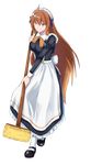  absurdres alternate_hairstyle apron aster_crowley black_footwear broom eiyuu_densetsu estelle_bright hair_down highres long_hair maid maid_apron maid_headdress orange_hair red_eyes shoes smile solo sora_no_kiseki 