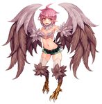  :d ahoge armpits bare_shoulders belt blush breasts claws collar digitigrade fang feathered_wings feathers full_body fur groin harpy harpy_(monster_girl_encyclopedia) highres kenkou_cross looking_at_viewer midriff monster_girl monster_girl_encyclopedia navel official_art open_mouth pink_hair pointy_ears revision short_hair short_shorts shorts simple_background small_breasts smile solo tail talons thighhighs white_background winged_arms wings yellow_eyes 
