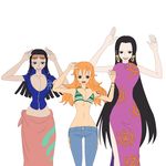 3girls animated animated_gif black_hair blue_eyes blush boa_hancock bouncing_breasts breasts brown_eyes cleavage large_breasts long_hair midriff multiple_girls nami_(one_piece) navel necrolust nico_robin one_piece orange_hair underboob 