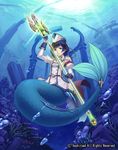  air_bubble battle_siren_dorothea black_hair blue_eyes bubble cardfight!!_vanguard chain company_name coral epaulettes gloves hat mermaid military military_hat military_uniform monster_girl official_art pillar pointy_ears polearm ruins solo submerged terumii trident underwater underwater_city uniform weapon 