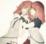  android bangs blunt_bangs blush breasts closed_eyes devola flower hair_flower hair_ornament happy hug hug_from_behind ilea long_hair medium_breasts multiple_girls nier nier_(series) nier_automata open_mouth pink_hair popola short_sleeves siblings simple_background sisters smile twins white_background 