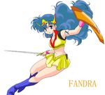  blue_eyes blue_hair boots fandora female mujigen_hunter_fandora ranpu shield skirt solo sword weapon 