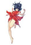  alternate_costume armpits barefoot black_hair blue_eyes borrowed_garments breasts cosplay falling from_below higurashi_kagome inuyasha inuyasha_(character) inuyasha_(character)_(cosplay) long_hair looking_at_viewer medium_breasts motobi_(mtb_umk) no_pants open_mouth short_sleeves simple_background solo thighs white_background 