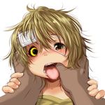  1boy 1girl blonde_hair drooling eyepatch finger_in_mouth heterochromia medical_eyepatch messy_hair mouth_pull open_mouth original pov rai-rai saliva short_hair simple_background teeth tongue tongue_out uvula white_background yellow_eyes 
