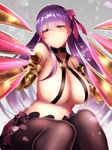  bare_shoulders black_legwear blush breasts claws fate/extra fate/extra_ccc fate/grand_order fate_(series) hair_ribbon huge_breasts koruta_(nekoimo) long_hair looking_at_viewer pantyhose passion_lip purple_eyes purple_hair ribbon smile solo very_long_hair weapon 