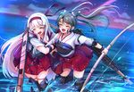  an_jera blush boots bow_(weapon) bracer closed_eyes eyebrows_visible_through_hair flight_deck grey_hair hair_between_eyes hair_ribbon hairband japanese_clothes kantai_collection laughing locked_arms long_hair miko multiple_girls muneate nontraditional_miko ocean open_mouth ribbon running running_on_liquid shoukaku_(kantai_collection) tears thigh_boots thighhighs twintails water weapon white_hair zuikaku_(kantai_collection) 
