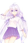  arm_up artist_name babouo character_request copyright_request dated eyebrows_visible_through_hair hair_ribbon long_hair looking_at_viewer purple_eyes purple_ribbon purple_skirt ribbon signature skirt smile solo twintails white_hair 