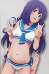  :d ahoge barefoot bikini blush double_v feet flexible green_eyes highres idolmaster idolmaster_million_live! kabayaki_unagi long_hair mochizuki_anna navel open_mouth purple_hair sailor_bikini sailor_collar sailor_swimsuit_(idolmaster) scan smile solo swimsuit v very_long_hair wet wet_hair white_bikini 