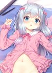  bangs blanket blue_eyes blush bow commentary_request eromanga_sensei eyebrows_visible_through_hair frills hair_bow highres izumi_sagiri lens_flare long_hair looking_at_viewer lying md5_mismatch navel on_back open_mouth out-of-frame_censoring pajamas pink_bow revision silver_hair solo stylus tablet tears tomifumi upper_body 