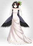  bare_shoulders black_choker black_hair black_wings blush breasts bridal_veil bride choker collarbone cowfee crow_tengu detached_sleeves dress feathered_wings feathers flower full_body fur_trim grey_background hair_flower hair_intakes hair_ornament harpy highres leaf_hair_ornament long_dress looking_at_viewer monster_girl monster_girl_encyclopedia pointy_ears red_eyes rose short_hair simple_background small_breasts solo strapless strapless_dress veil wedding_dress white_dress winged_arms wings 