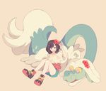  black_hair blue_eyes drampa flower gen_7_pokemon hair_flower hair_ornament komasawa_(fmn-ppp) mizuki_(pokemon) no_hat no_headwear open_mouth pokemon pokemon_(creature) pokemon_(game) pokemon_sm shorts sitting smile 