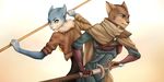  5_fingers black_nose blue_fur brown_fur cat charlottechambers clothed clothing digital_media_(artwork) duo feline female fur holding_object holding_weapon mammal melee_weapon simple_background smile sword weapon white_background 