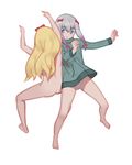  :/ arms_up ass barefoot blonde_hair blue_eyes blue_hair bow closed_mouth commentary_request eromanga_sensei eyebrows_visible_through_hair full_body hair_between_eyes hair_bow highres izumi_sagiri jacket long_hair long_sleeves looking_at_another maredoro multiple_girls no_pants nude panties pink_bow red_bow side-by-side simple_background track_jacket underwear white_background white_panties yamada_elf 