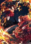  battle cinder_fall duel fire holding holding_weapon lowah multiple_girls official_art ruby_rose rwby smile smirk weapon 